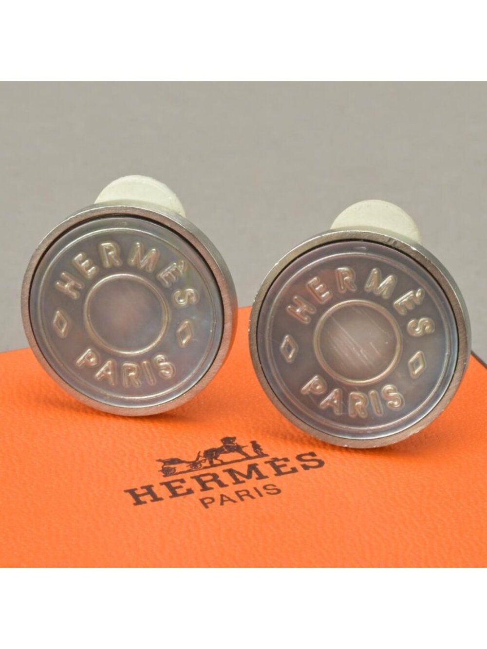 Hermes Sellier Earrings Shell Silver